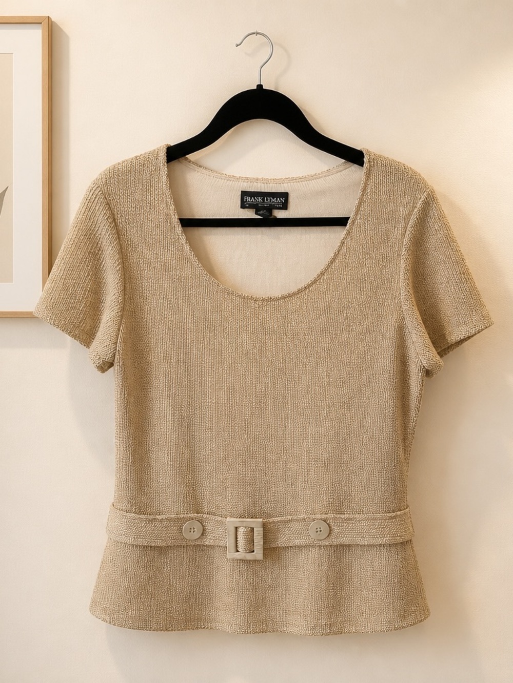 Frank Lyman Design Beige Short Sleeve Scoop Neck Knit Top with Belt Accent